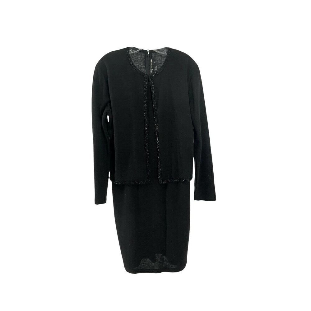 Nina Leonard Dress Black Wool Blend Layered Look Beaded Knee Length Size Medium